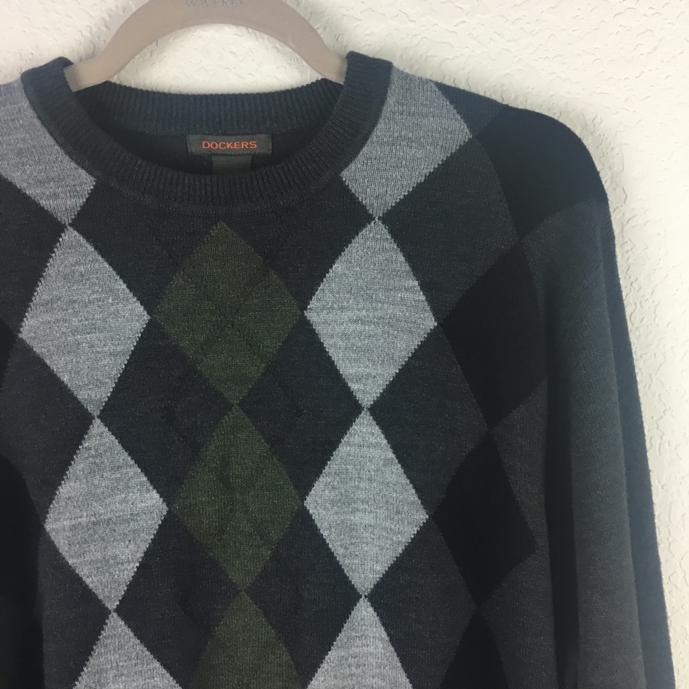 Gray Green Crewneck Sweater Argyle Plaid - Picture 5 of 6